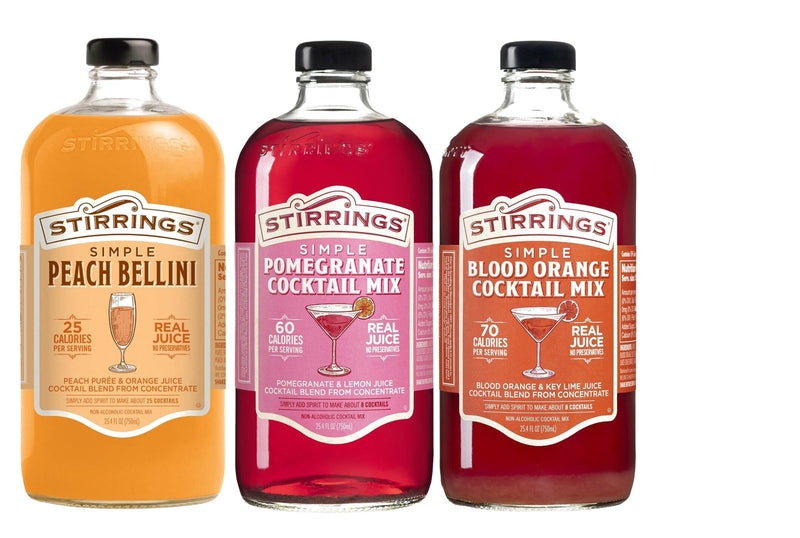 Stirrings Simple Non-Alcoholic Peach Bellini, Pomegranate & Blood Orange Cocktail Mix, Variety 3-Pack