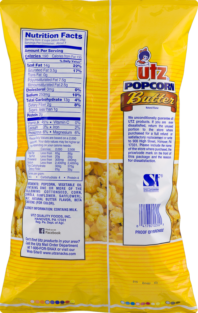Utz Quality Foods Butter Popcorn, 6-Pack 6.5 oz. Bag