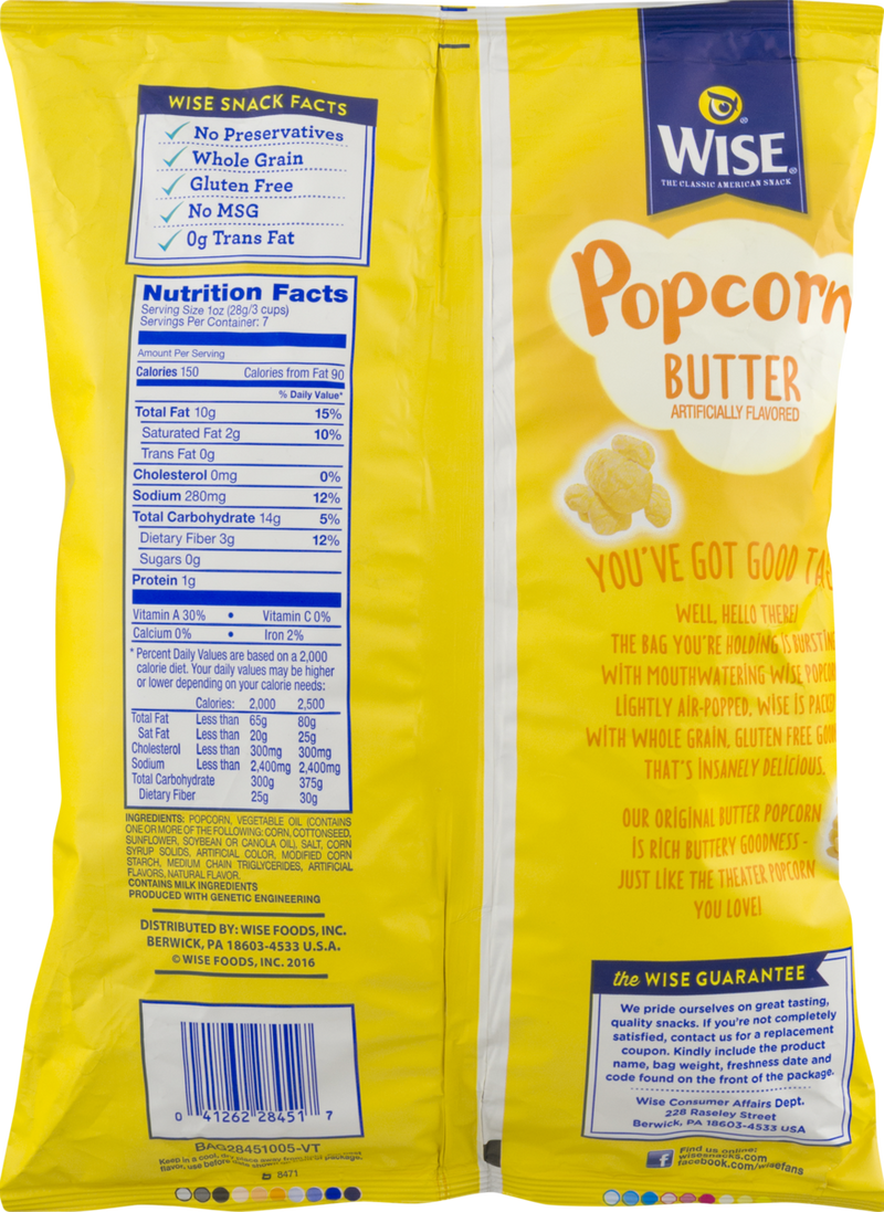 Wise Foods Air Popped Butter Popcorn, 6-Pack 6 oz. Bags