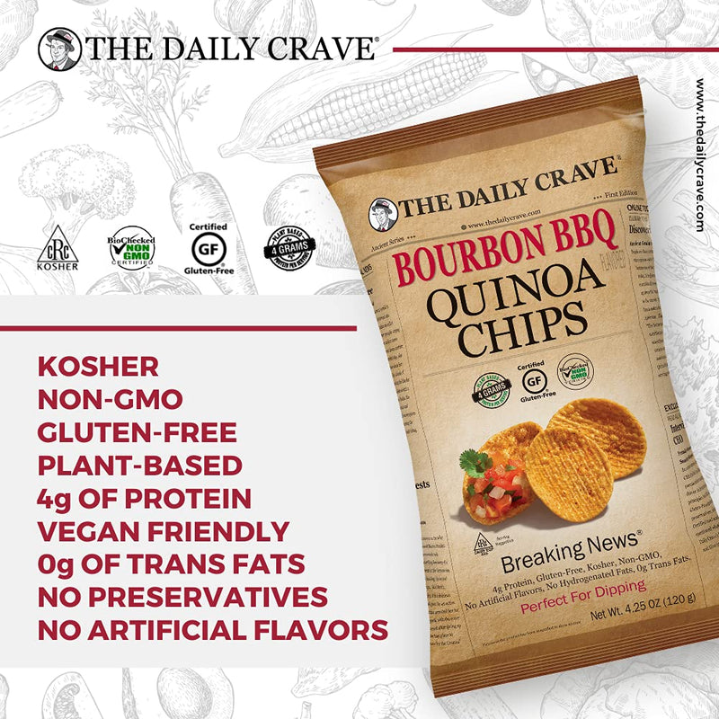 The Daily Crave Bourbon BBQ Quinoa Chips, 4g Protein, 2g Fiber, Gluten-Free, Non-Gmo, 4-Pack 4.25 oz. Bags