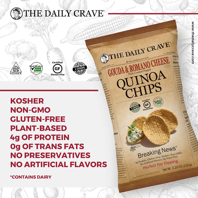 The Daily Crave Gouda & Romano Cheese Quinoa Chips, 4g Protein, 2g Fiber, Gluten-Free, Non-Gmo, 4-Pack 4.25 oz. Bags