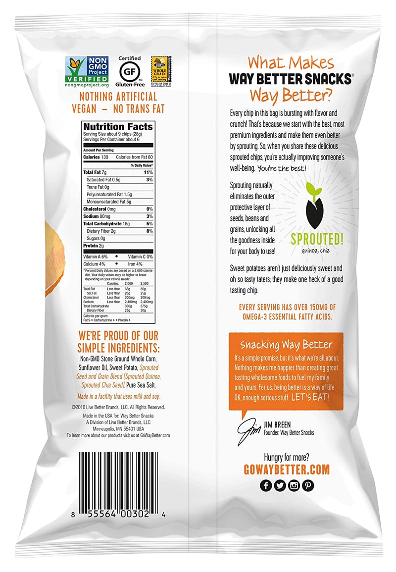 Way Better Snacks Sprouted Gluten Free Tortilla Chips, Sweet Potato, 5.5 oz. Bags