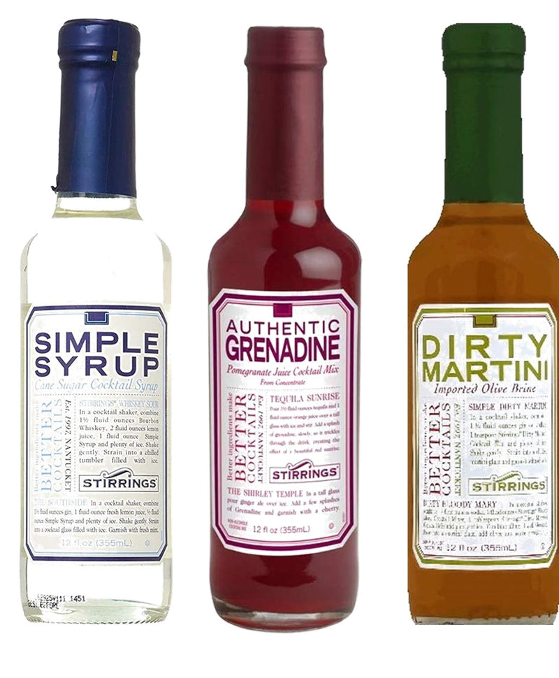 Stirrings Grenedine, Simple Syrup & Dirty Martini Cocktail Mixers, Variety 3-Pack