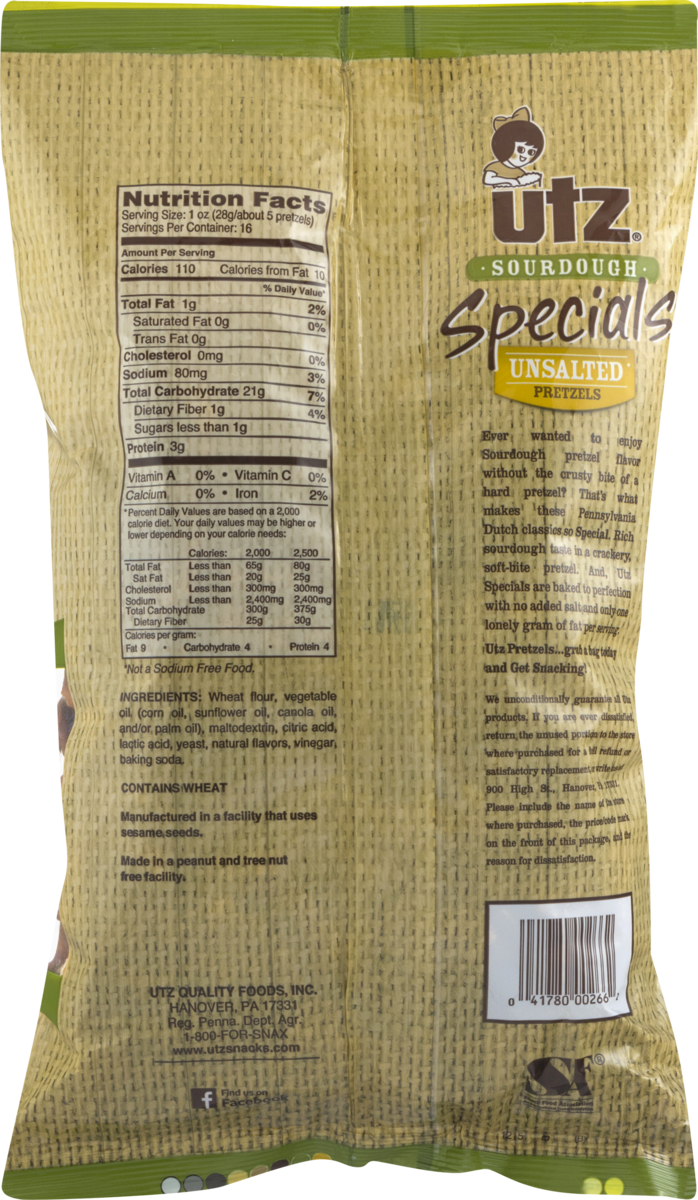 Utz Quality Foods Sourdough Specials Unsalted Pretzels 16 oz. Bag