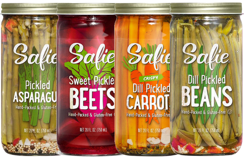 Safie Foods Hand-Packed Asparagus, Dill Beans, Dill Carrots & Sweet Beets, Variety 4-Pack 26 oz. Jars