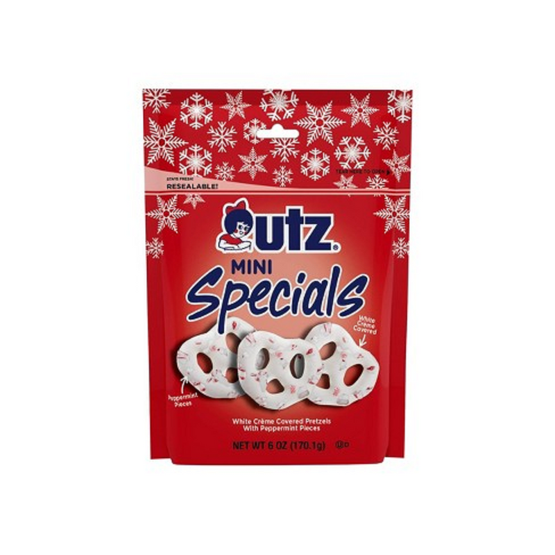 Utz Quality Foods White Creme Covered Mini Pretzels with Peppermint Pieces, 6 oz. Bags